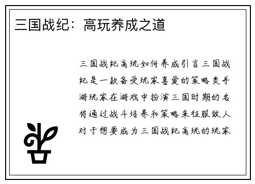 三国战纪：高玩养成之道