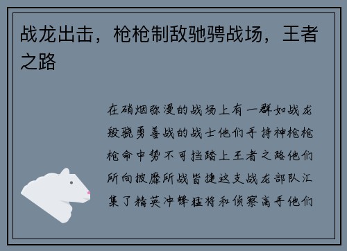 战龙出击，枪枪制敌驰骋战场，王者之路